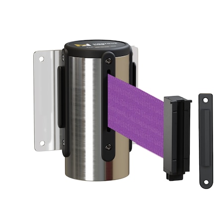 Retr. Belt Barrier Wall Mnt Pol. Stainless Case Fxd, 8.5' Purple Belt